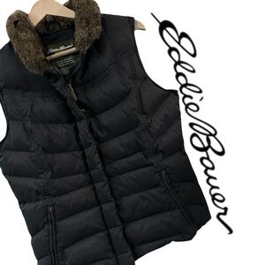 Eddie Bauer Women’s Goose Down Black Puffer Vest Faux Fur Collar sz M